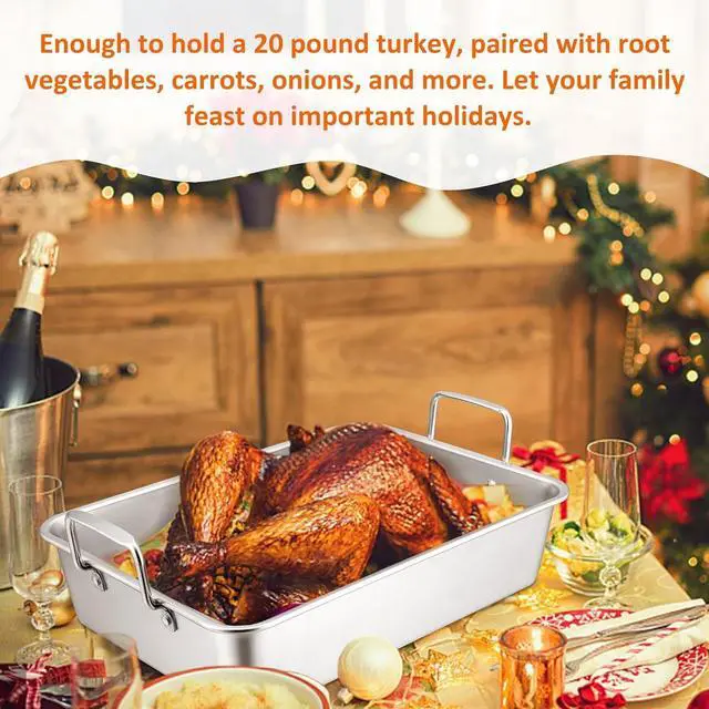 Alt view image 4 of 7 - 16 Inch Roasting Pan with Rack, Leonyo Turkey Roasting Pan, Stainless Steel Large Roaster Pan with Rack Non Stick Baking Pans for Cooking Ham, Chicken, Cake, Lasagna, Casserole