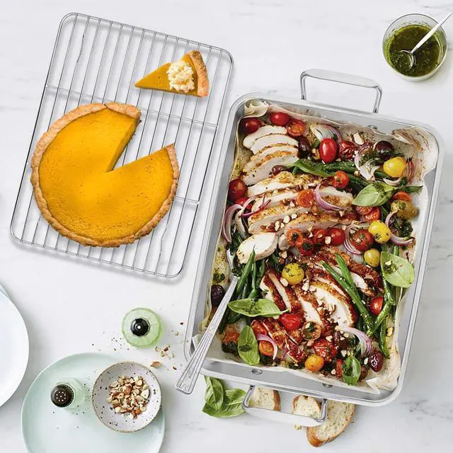 Alt view image 6 of 7 - 16 Inch Roasting Pan with Rack, Leonyo Turkey Roasting Pan, Stainless Steel Large Roaster Pan with Rack Non Stick Baking Pans for Cooking Ham, Chicken, Cake, Lasagna, Casserole