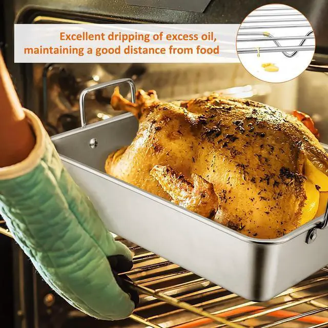 Alt view image 3 of 7 - 16 Inch Roasting Pan with Rack, Leonyo Turkey Roasting Pan, Stainless Steel Large Roaster Pan with Rack Non Stick Baking Pans for Cooking Ham, Chicken, Cake, Lasagna, Casserole