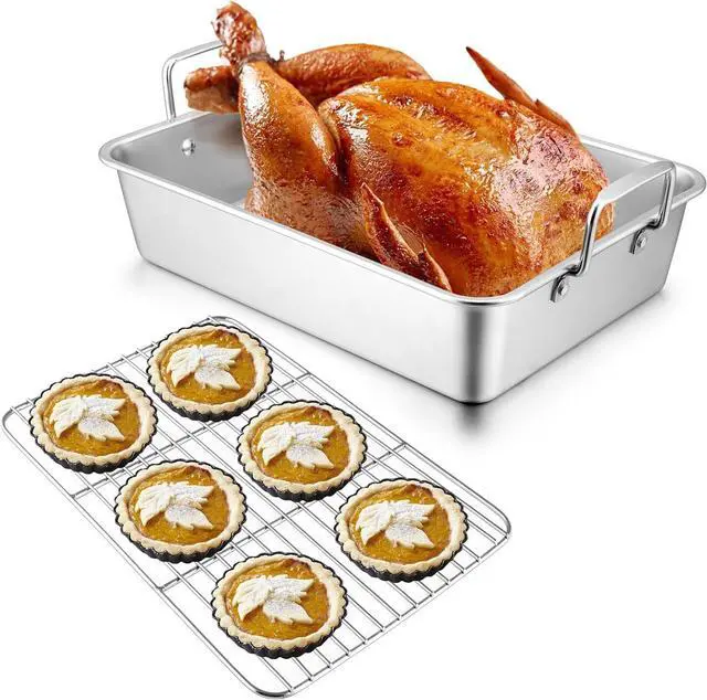 Main image of 16 Inch Roasting Pan with Rack, Leonyo Turkey Roasting Pan, Stainless Steel Large Roaster Pan with Rack Non Stick Baking Pans for Cooking Ham, Chicken, Cake, Lasagna, Casserole