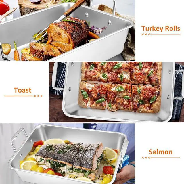 Alt view image 7 of 7 - 16 Inch Roasting Pan with Rack, Leonyo Turkey Roasting Pan, Stainless Steel Large Roaster Pan with Rack Non Stick Baking Pans for Cooking Ham, Chicken, Cake, Lasagna, Casserole
