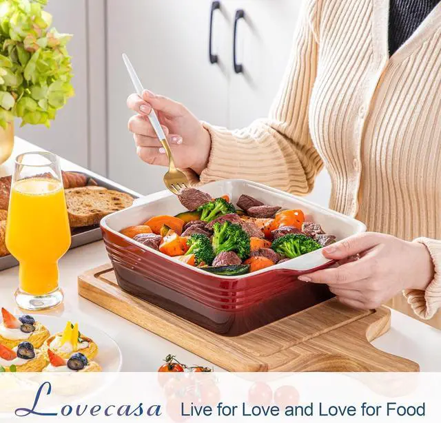 Alt view image 3 of 7 - LOVECASA 8x8 inch Baking Pan, 2 Quart Square Cake Pan Baking Dish for Oven, Stoneware Brownie Pan Non-Stick, Casserole Baking Pan with Handle,Ceramic Bread Pans for Baking, Red