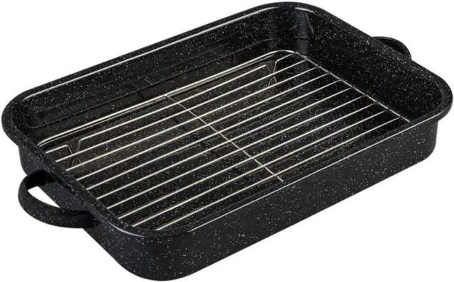 Main image of Granite Ware Open Roasting Pan with Flat Rack (Speckled Black) - Accommodates up to 25 lb poultry or roast.