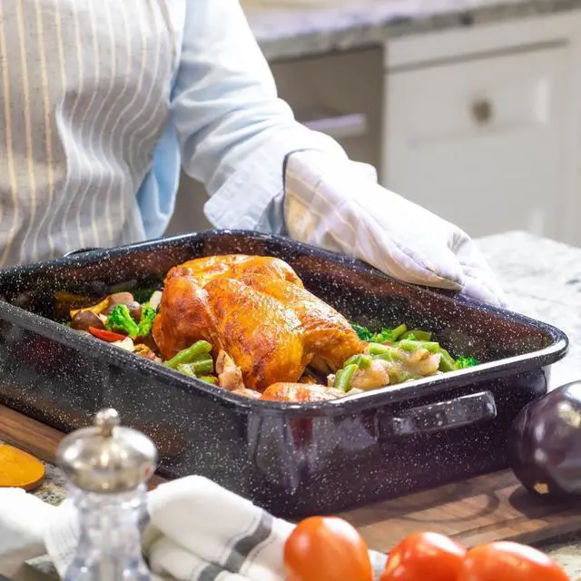 Alt view image 4 of 6 - Granite Ware Open Roasting Pan with Flat Rack (Speckled Black) - Accommodates up to 25 lb poultry or roast.