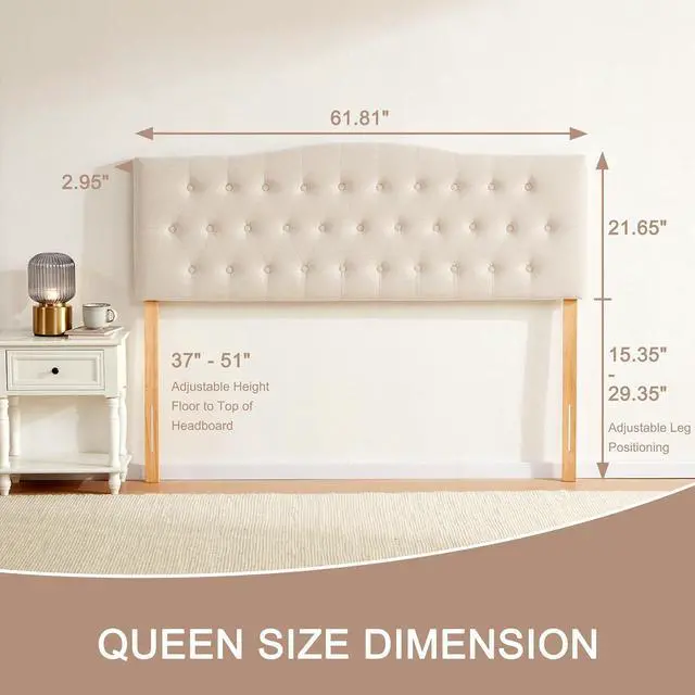 Alt view image 2 of 7 - Tufted Upholstered Headboard Queen Size, Sturdy and Durable Solid Wood Bed headboard, Fabric Headboard Adjustable Height from 37 to 51, Modern Button Diamond Design Head Board, Beige