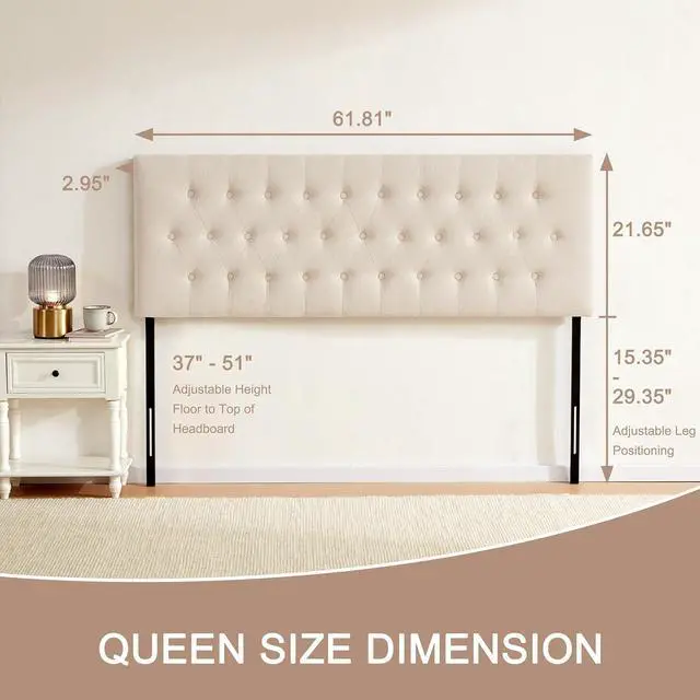 Alt view image 2 of 7 - Tufted Upholstered Headboard Queen Size, Solid Wood Head Board with Durable Metal Legs, Adjustable Height Bed headboard from 37 to 51 Fabric Headboard in Modern Button Design, Beige