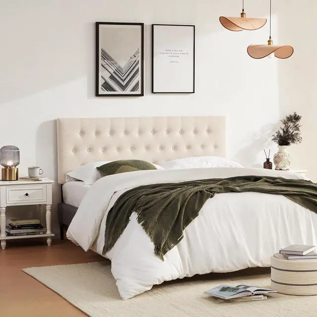 Alt view image 7 of 7 - Tufted Upholstered Headboard Queen Size, Solid Wood Head Board with Durable Metal Legs, Adjustable Height Bed headboard from 37 to 51 Fabric Headboard in Modern Button Design, Beige