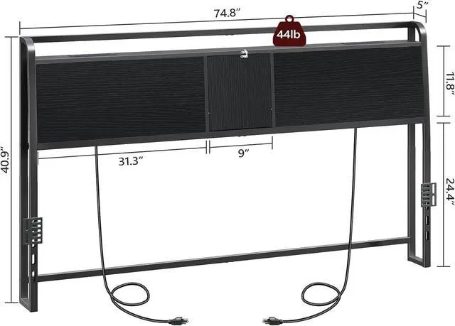 Alt view image 2 of 7 - Headboard King Size, Headboard with 4 Outlets and 4 USB Ports, Industrial Headboard with Flip Door and Bed Frame Adapter, Height Adjustable, Black