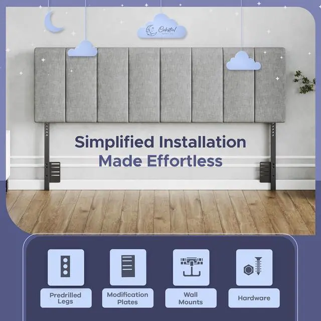 Alt view image 6 of 6 - Vertical Channel-Tufted Mid-Rise Upholstered Headboard, Wall or Bed Frame Mount - Full or Queen (Gray)