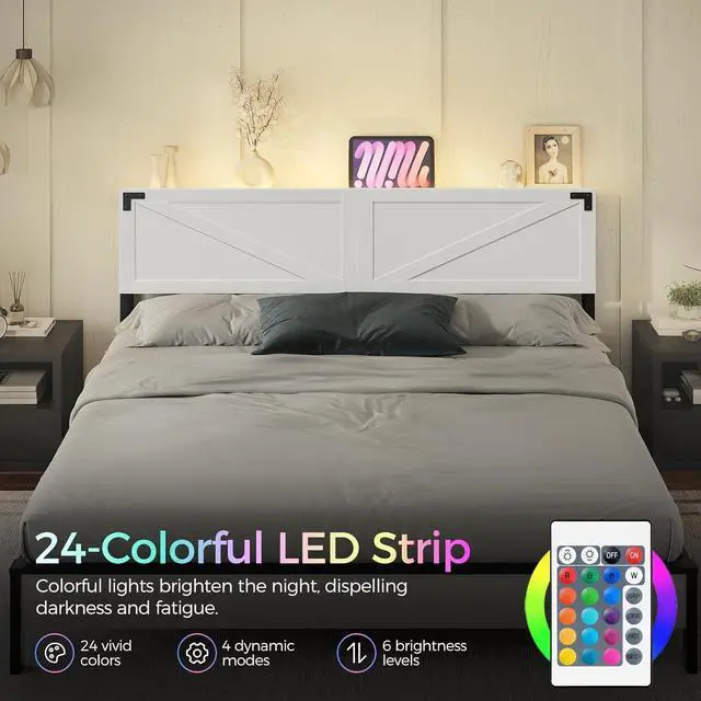Alt view image 3 of 7 - King Size Headboard Only, Headboard with 2 Outlets and 4 USB Ports, Farmhouse Headboard, with LED Lights, Secure Storage with Raised Fence, with Bed Frame Adapter, White and Black