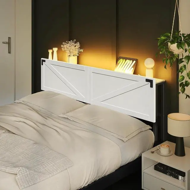 Alt view image 6 of 7 - King Size Headboard Only, Headboard with 2 Outlets and 4 USB Ports, Farmhouse Headboard, with LED Lights, Secure Storage with Raised Fence, with Bed Frame Adapter, White and Black