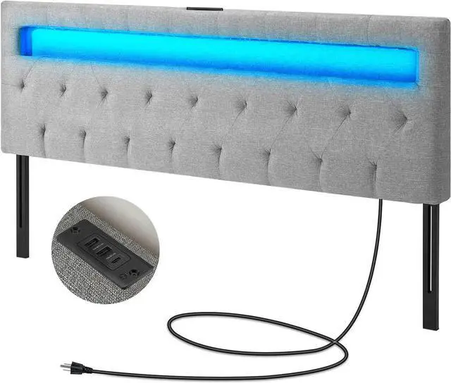 Main image of GREENSTELL Headboard for Full Size Bed with 60,000 DIY Color of LED Light, USB & Type C Post, Attach Frame, Height Adjustable, Gray Wall Mounted Head Boards Only, Sturdy & Stable, Comfortable, Full