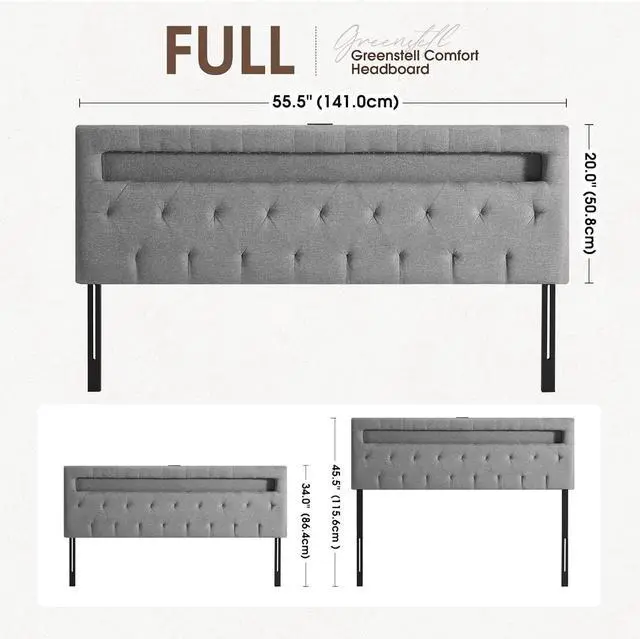 Alt view image 2 of 7 - GREENSTELL Headboard for Full Size Bed with 60,000 DIY Color of LED Light, USB & Type C Post, Attach Frame, Height Adjustable, Gray Wall Mounted Head Boards Only, Sturdy & Stable, Comfortable, Full