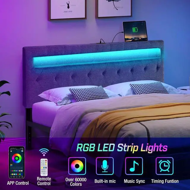 Alt view image 3 of 7 - GREENSTELL Headboard for Full Size Bed with 60,000 DIY Color of LED Light, USB & Type C Post, Attach Frame, Height Adjustable, Gray Wall Mounted Head Boards Only, Sturdy & Stable, Comfortable, Full