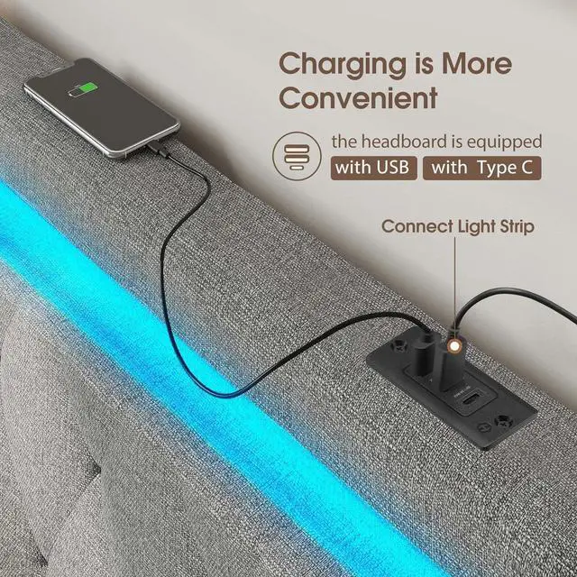 Alt view image 4 of 7 - GREENSTELL Headboard for Full Size Bed with 60,000 DIY Color of LED Light, USB & Type C Post, Attach Frame, Height Adjustable, Gray Wall Mounted Head Boards Only, Sturdy & Stable, Comfortable, Full