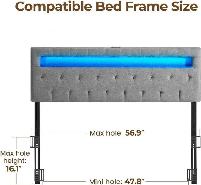 Alt view image 5 of 7 - GREENSTELL Headboard for Full Size Bed with 60,000 DIY Color of LED Light, USB & Type C Post, Attach Frame, Height Adjustable, Gray Wall Mounted Head Boards Only, Sturdy & Stable, Comfortable, Full
