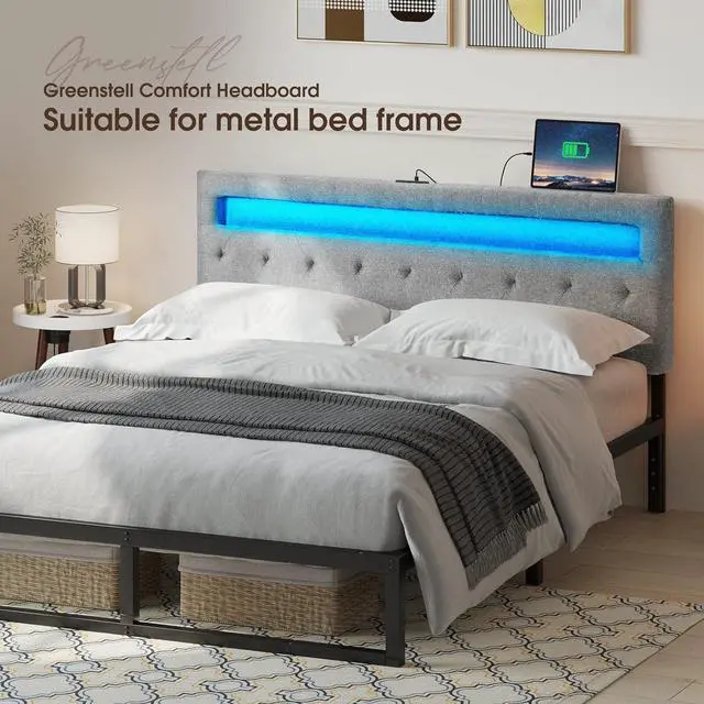 Alt view image 6 of 7 - GREENSTELL Headboard for Full Size Bed with 60,000 DIY Color of LED Light, USB & Type C Post, Attach Frame, Height Adjustable, Gray Wall Mounted Head Boards Only, Sturdy & Stable, Comfortable, Full