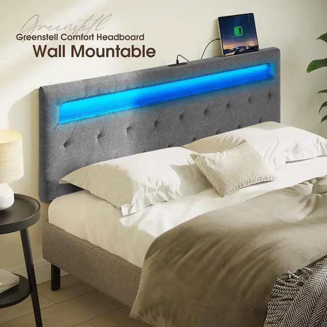 Alt view image 7 of 7 - GREENSTELL Headboard for Full Size Bed with 60,000 DIY Color of LED Light, USB & Type C Post, Attach Frame, Height Adjustable, Gray Wall Mounted Head Boards Only, Sturdy & Stable, Comfortable, Full