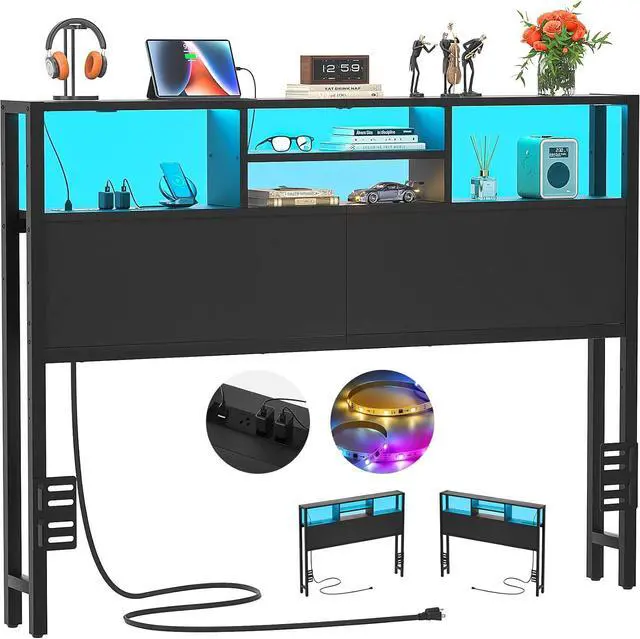 Main image of Aheaplus Headboard for Full Size Bed with Storage, Headboards with Outlets, USB Ports and LED Light, Full Size Head Board Only, Height Adjustable, Reversible, Sturdy and Stable Headboard, Black
