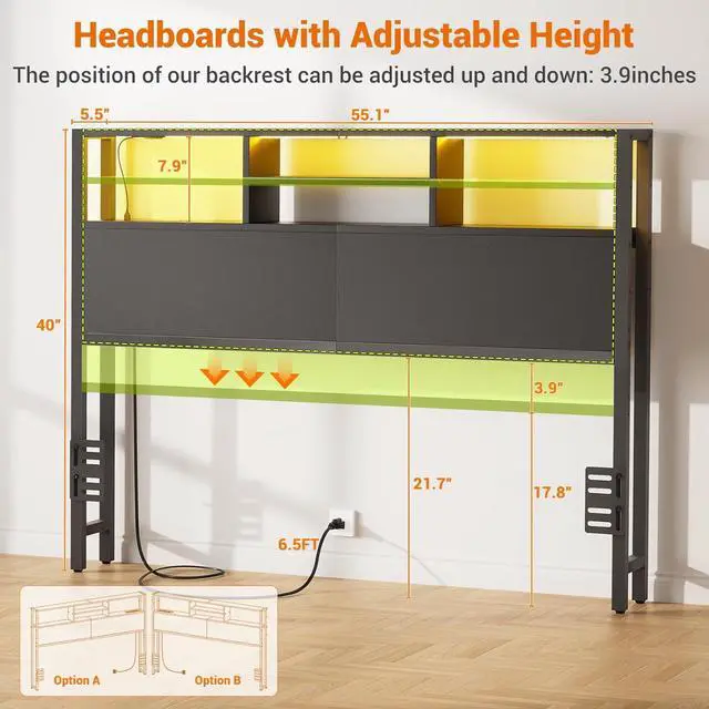 Alt view image 2 of 7 - Aheaplus Headboard for Full Size Bed with Storage, Headboards with Outlets, USB Ports and LED Light, Full Size Head Board Only, Height Adjustable, Reversible, Sturdy and Stable Headboard, Black