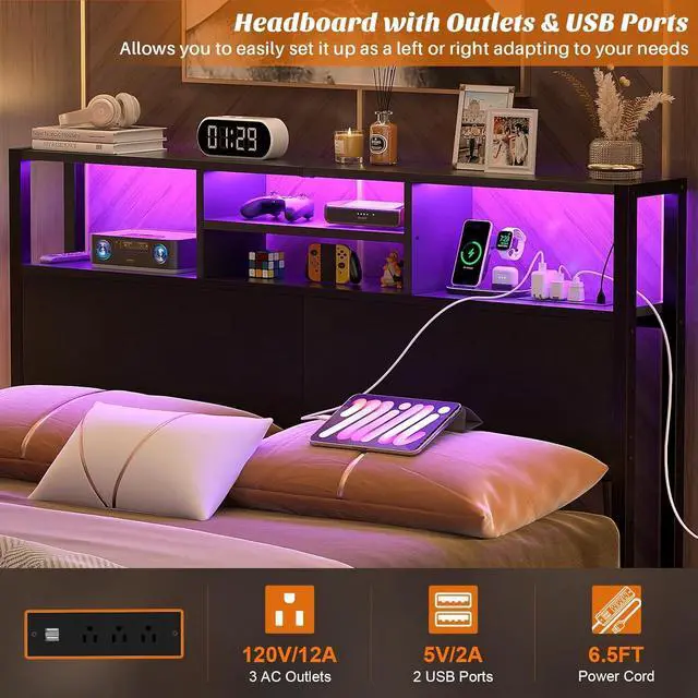 Alt view image 3 of 7 - Aheaplus Headboard for Full Size Bed with Storage, Headboards with Outlets, USB Ports and LED Light, Full Size Head Board Only, Height Adjustable, Reversible, Sturdy and Stable Headboard, Black