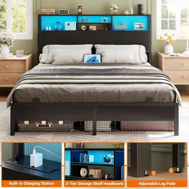 Alt view image 4 of 7 - Aheaplus Headboard for Full Size Bed with Storage, Headboards with Outlets, USB Ports and LED Light, Full Size Head Board Only, Height Adjustable, Reversible, Sturdy and Stable Headboard, Black