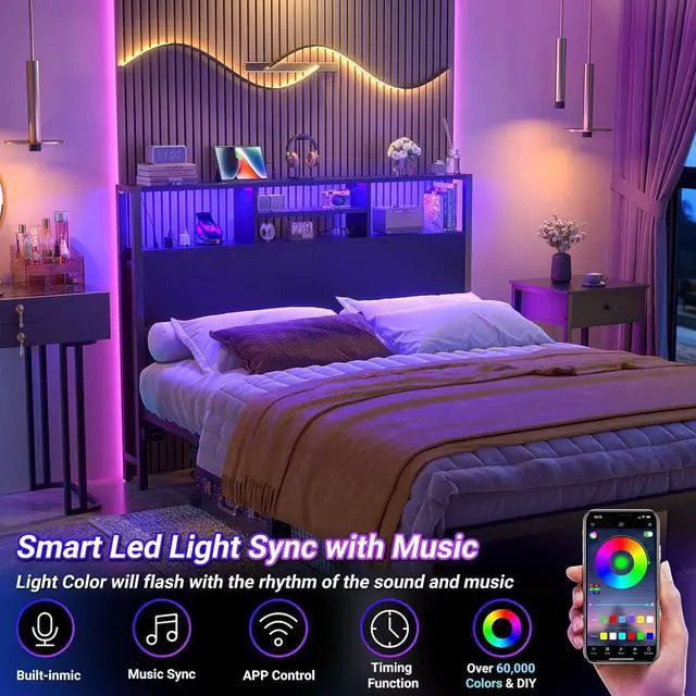 Alt view image 5 of 7 - Aheaplus Headboard for Full Size Bed with Storage, Headboards with Outlets, USB Ports and LED Light, Full Size Head Board Only, Height Adjustable, Reversible, Sturdy and Stable Headboard, Black