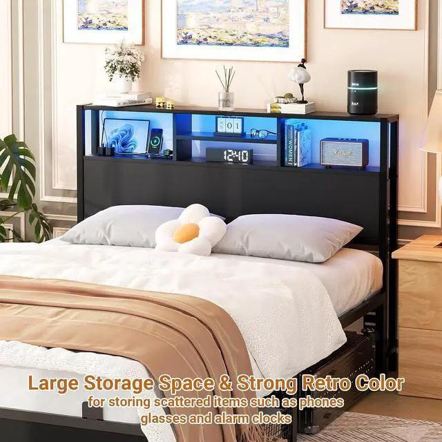 Alt view image 6 of 7 - Aheaplus Headboard for Full Size Bed with Storage, Headboards with Outlets, USB Ports and LED Light, Full Size Head Board Only, Height Adjustable, Reversible, Sturdy and Stable Headboard, Black
