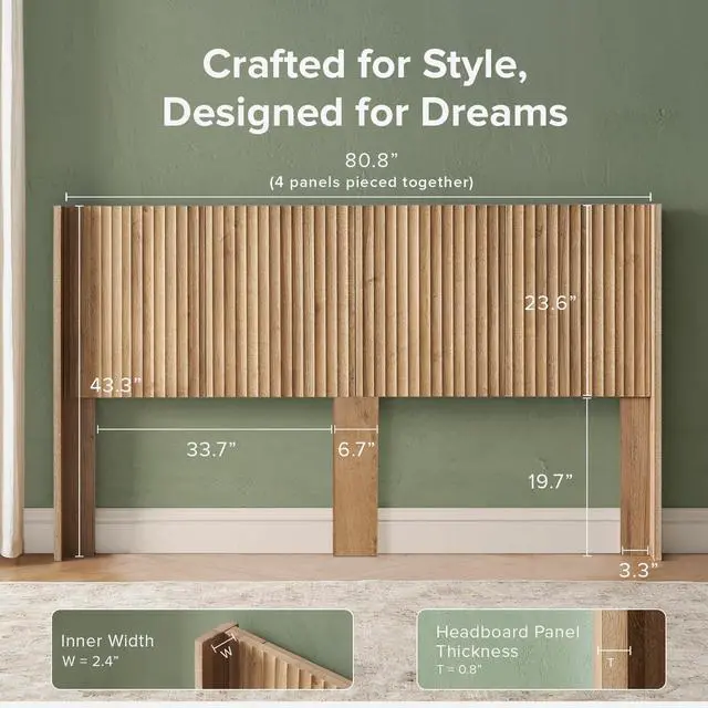 Alt view image 2 of 7 - mopio Brooklyn 80.8" Headboard Only, Wood Headboard, Modern Farmhouse, Boho, Wall Mount, Fluted Panel, Wingback Design (Golden Oak, King)