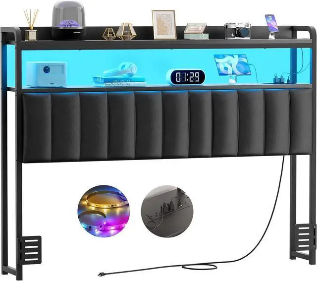 Main image of Aheaplus Headboard for Full Size Bed Frame, Upholstered Headboards with Outlets, USB Ports and LED Light, Leather Head Board with Storage, Height Adjustable, Comfortable Headboard, Full Size, Black