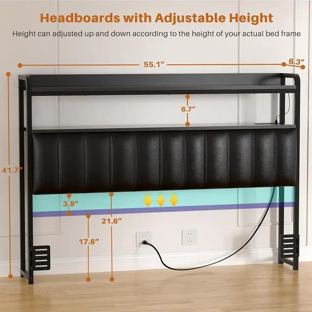 Alt view image 2 of 7 - Aheaplus Headboard for Full Size Bed Frame, Upholstered Headboards with Outlets, USB Ports and LED Light, Leather Head Board with Storage, Height Adjustable, Comfortable Headboard, Full Size, Black