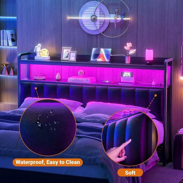 Alt view image 4 of 7 - Aheaplus Headboard for Full Size Bed Frame, Upholstered Headboards with Outlets, USB Ports and LED Light, Leather Head Board with Storage, Height Adjustable, Comfortable Headboard, Full Size, Black