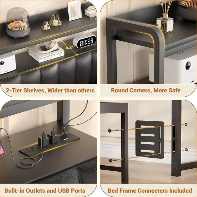 Alt view image 5 of 7 - Aheaplus Headboard for Full Size Bed Frame, Upholstered Headboards with Outlets, USB Ports and LED Light, Leather Head Board with Storage, Height Adjustable, Comfortable Headboard, Full Size, Black