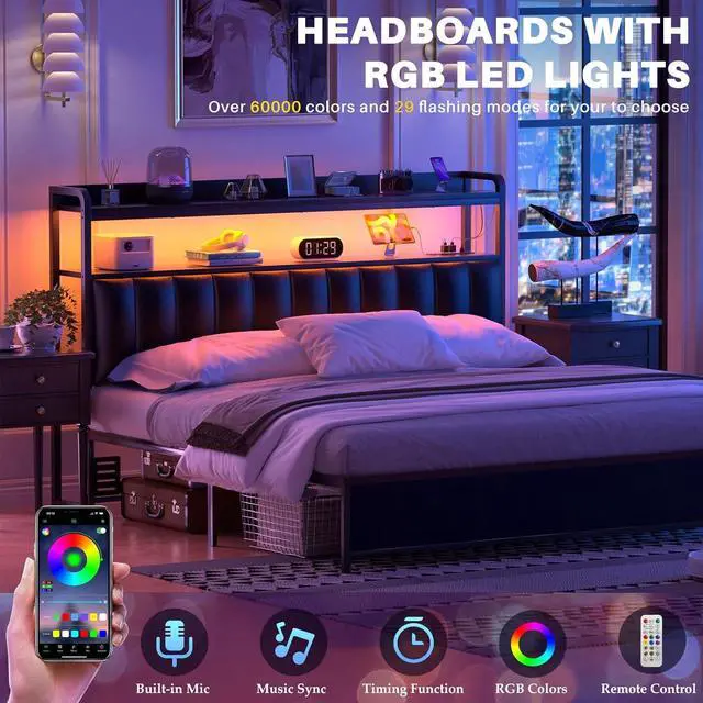 Alt view image 6 of 7 - Aheaplus Headboard for Full Size Bed Frame, Upholstered Headboards with Outlets, USB Ports and LED Light, Leather Head Board with Storage, Height Adjustable, Comfortable Headboard, Full Size, Black