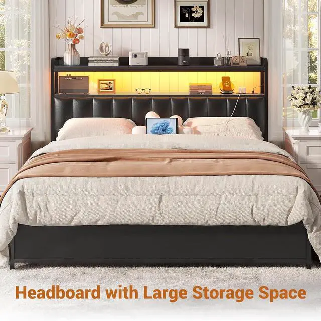 Alt view image 7 of 7 - Aheaplus Headboard for Full Size Bed Frame, Upholstered Headboards with Outlets, USB Ports and LED Light, Leather Head Board with Storage, Height Adjustable, Comfortable Headboard, Full Size, Black