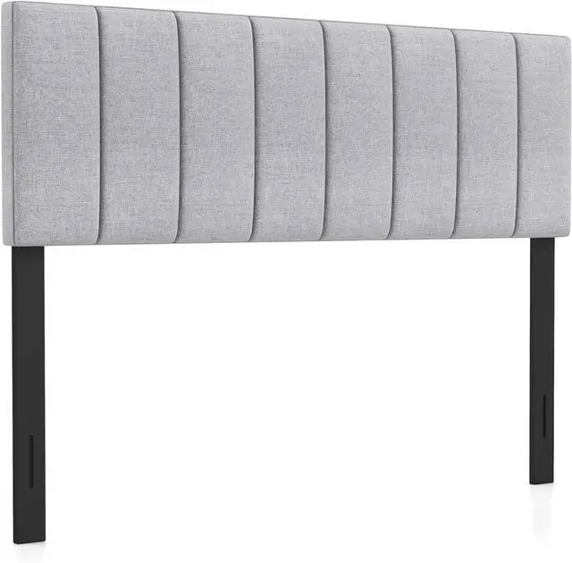 Main image of KOMFOTT Linen Upholstered Headboard for Full & Queen Size Bed, Vertical Channel Tufted Rectangular Headboard with Solid Wood Legs & Adjustable Width, Padded Bed Backboard, Easy Assembly (Gray)