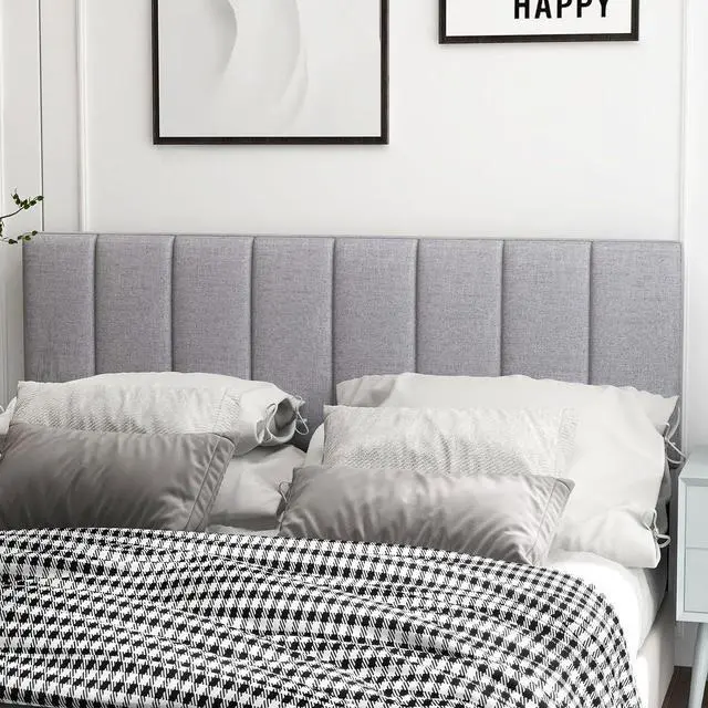 Alt view image 2 of 6 - KOMFOTT Linen Upholstered Headboard for Full & Queen Size Bed, Vertical Channel Tufted Rectangular Headboard with Solid Wood Legs & Adjustable Width, Padded Bed Backboard, Easy Assembly (Gray)