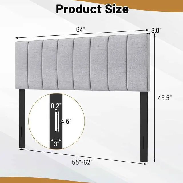 Alt view image 3 of 6 - KOMFOTT Linen Upholstered Headboard for Full & Queen Size Bed, Vertical Channel Tufted Rectangular Headboard with Solid Wood Legs & Adjustable Width, Padded Bed Backboard, Easy Assembly (Gray)
