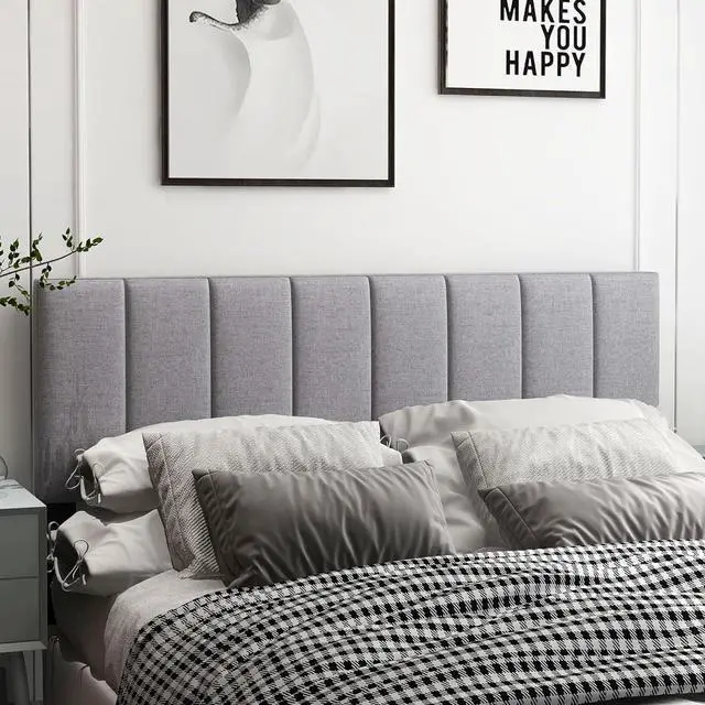 Alt view image 4 of 6 - KOMFOTT Linen Upholstered Headboard for Full & Queen Size Bed, Vertical Channel Tufted Rectangular Headboard with Solid Wood Legs & Adjustable Width, Padded Bed Backboard, Easy Assembly (Gray)
