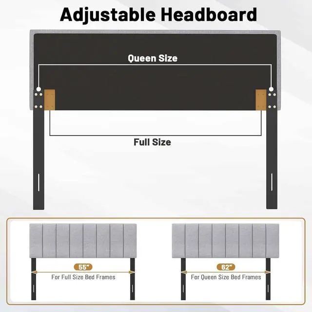 Alt view image 5 of 6 - KOMFOTT Linen Upholstered Headboard for Full & Queen Size Bed, Vertical Channel Tufted Rectangular Headboard with Solid Wood Legs & Adjustable Width, Padded Bed Backboard, Easy Assembly (Gray)