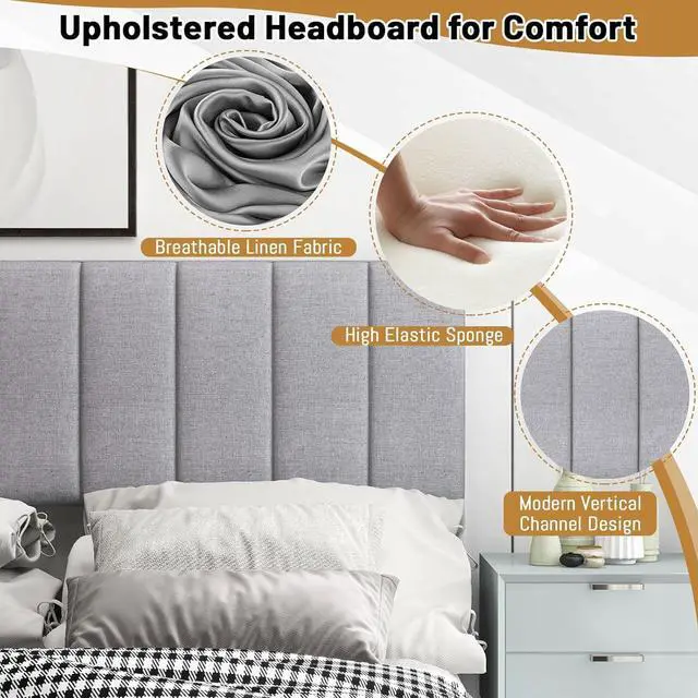 Alt view image 6 of 6 - KOMFOTT Linen Upholstered Headboard for Full & Queen Size Bed, Vertical Channel Tufted Rectangular Headboard with Solid Wood Legs & Adjustable Width, Padded Bed Backboard, Easy Assembly (Gray)