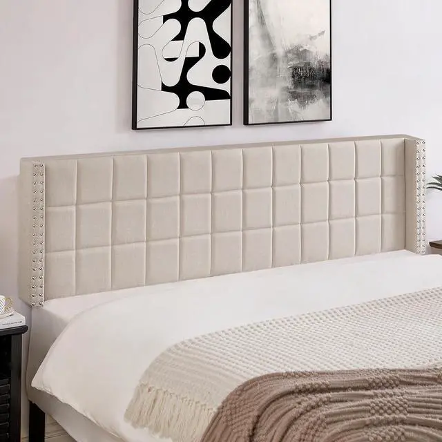 Main image of VECELO Linen Upholstered Headboard for King Size Bed, Tufted Nailhead & Double Wingback for Bedroom, 6 Adjustable Position from 40" to 49.8",Beige