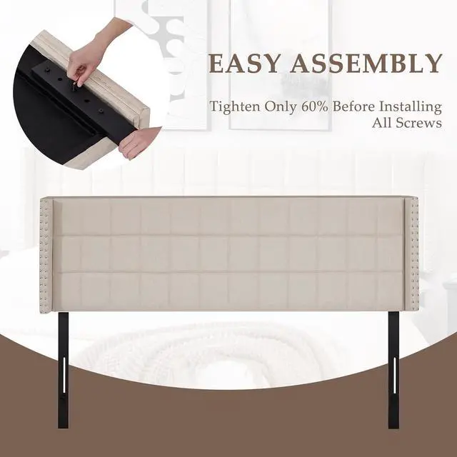 Alt view image 4 of 7 - VECELO Linen Upholstered Headboard for King Size Bed, Tufted Nailhead & Double Wingback for Bedroom, 6 Adjustable Position from 40" to 49.8",Beige