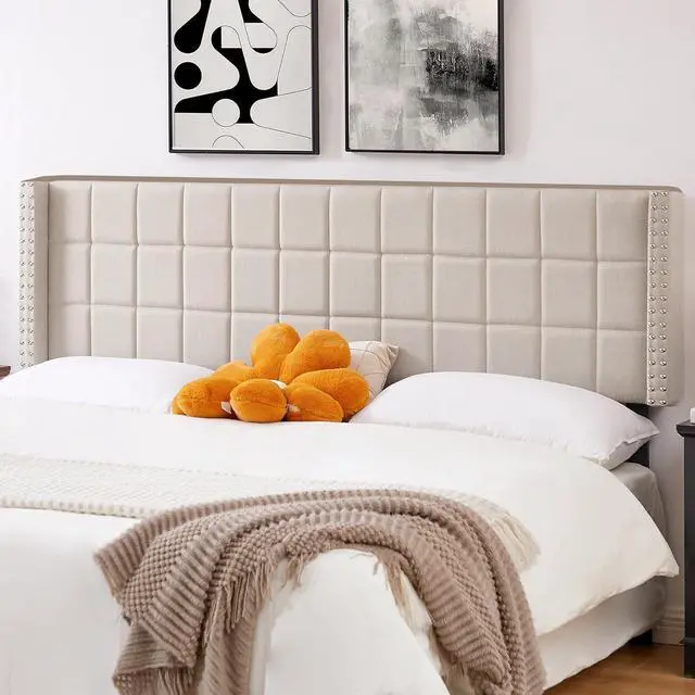 Alt view image 5 of 7 - VECELO Linen Upholstered Headboard for King Size Bed, Tufted Nailhead & Double Wingback for Bedroom, 6 Adjustable Position from 40" to 49.8",Beige