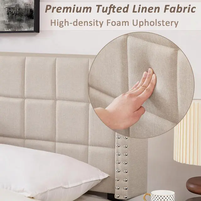 Alt view image 3 of 7 - VECELO Linen Upholstered Headboard for King Size Bed, Tufted Nailhead & Double Wingback for Bedroom, 6 Adjustable Position from 40" to 49.8",Beige