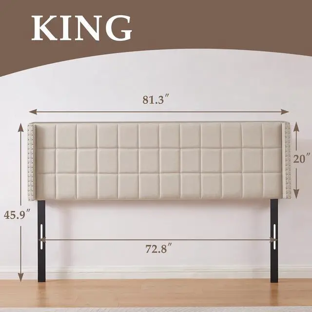 Alt view image 6 of 7 - VECELO Linen Upholstered Headboard for King Size Bed, Tufted Nailhead & Double Wingback for Bedroom, 6 Adjustable Position from 40" to 49.8",Beige
