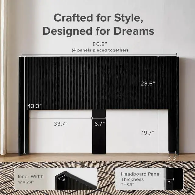 Alt view image 2 of 7 - mopio Brooklyn 80.8" Headboard Only, Wood Headboard, Modern Farmhouse, Boho, Wall Mount, Fluted Panel, Wingback Design (Black Oak, King)