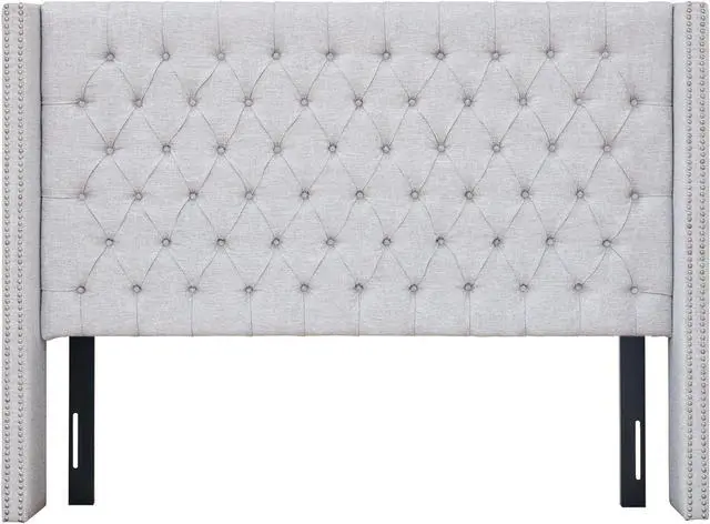 Main image of Madison Park Queen Button Tufted Headboard, Adjustable Upholstered Transitional Wingback Headboard, Nailhead Trim, Wooden Frame, Black Metal Legs, Flush Flat Back, Vintage Bedroom Décor Amelia - Grey