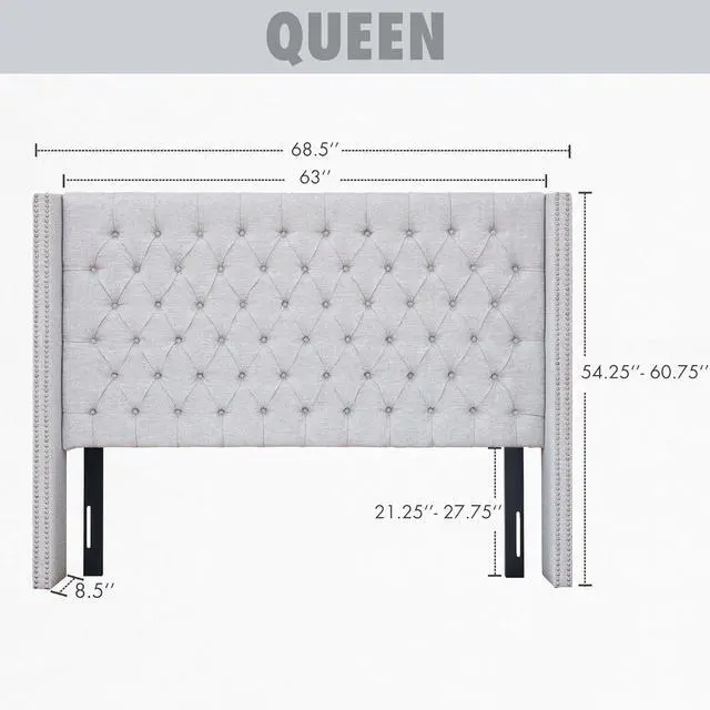 Alt view image 3 of 7 - Madison Park Queen Button Tufted Headboard, Adjustable Upholstered Transitional Wingback Headboard, Nailhead Trim, Wooden Frame, Black Metal Legs, Flush Flat Back, Vintage Bedroom Décor Amelia - Grey