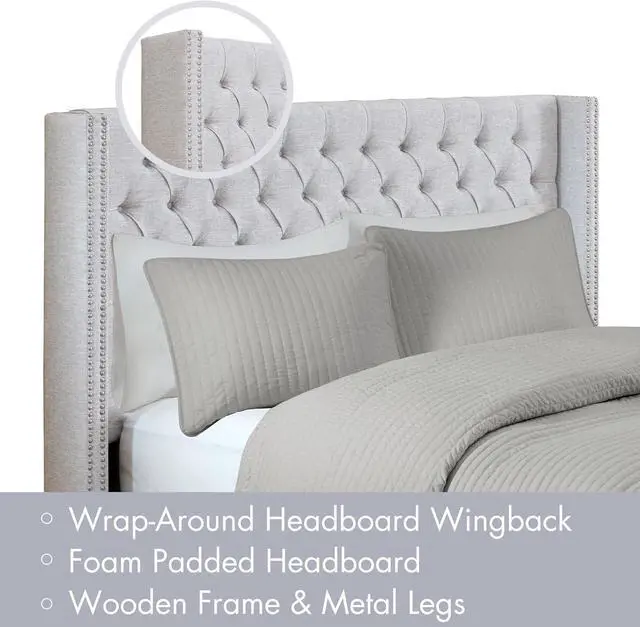 Alt view image 4 of 7 - Madison Park Queen Button Tufted Headboard, Adjustable Upholstered Transitional Wingback Headboard, Nailhead Trim, Wooden Frame, Black Metal Legs, Flush Flat Back, Vintage Bedroom Décor Amelia - Grey